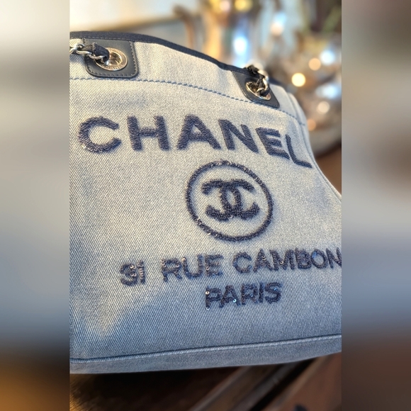 Chanel‎ Blue Denim Sequin Deauville Tote Bag - Picture 7 of 16